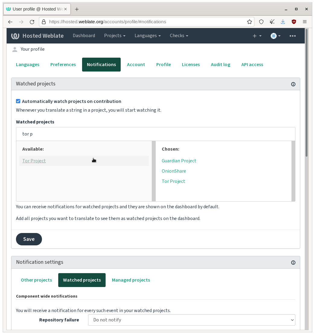 Surveiller le Projet Tor dans Weblate